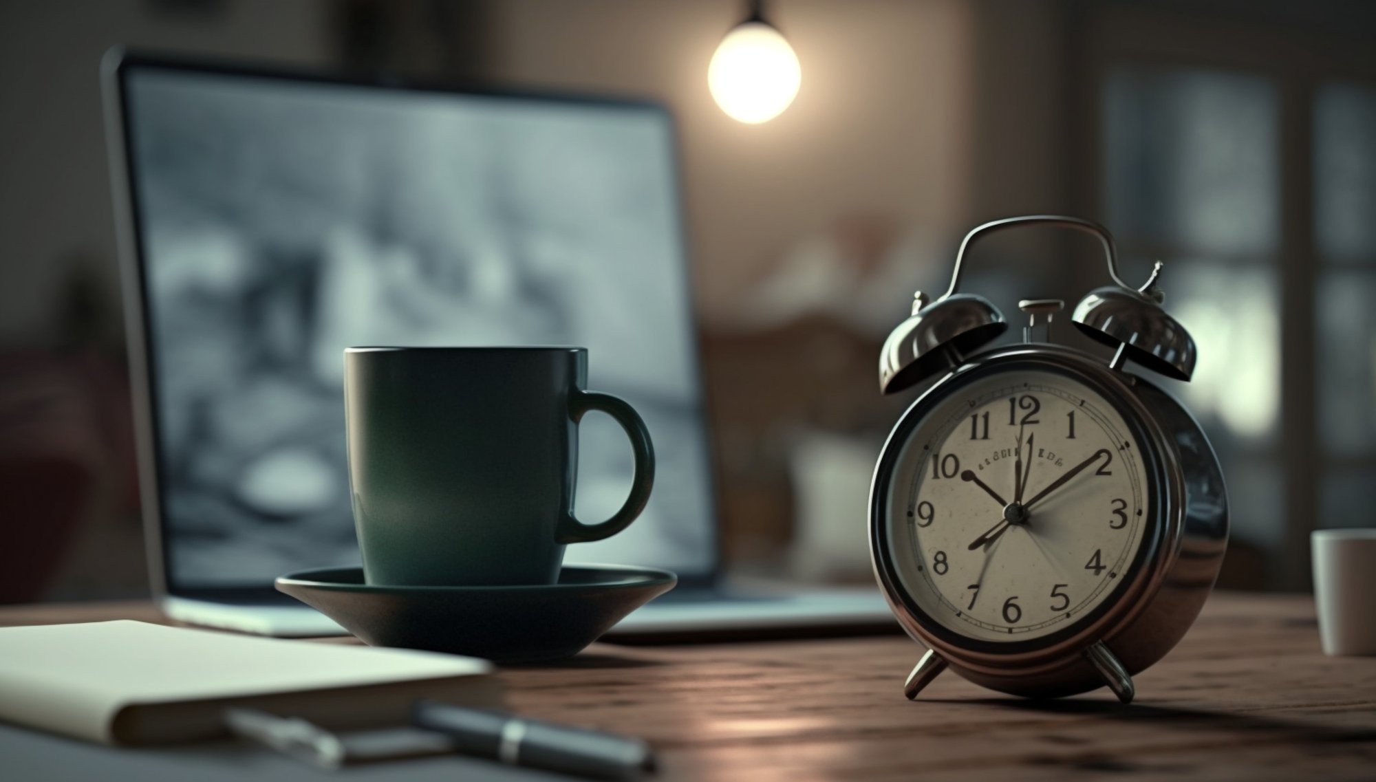 clock-with-cup-coffee-laptop-table-business-conceptgenerative-ai