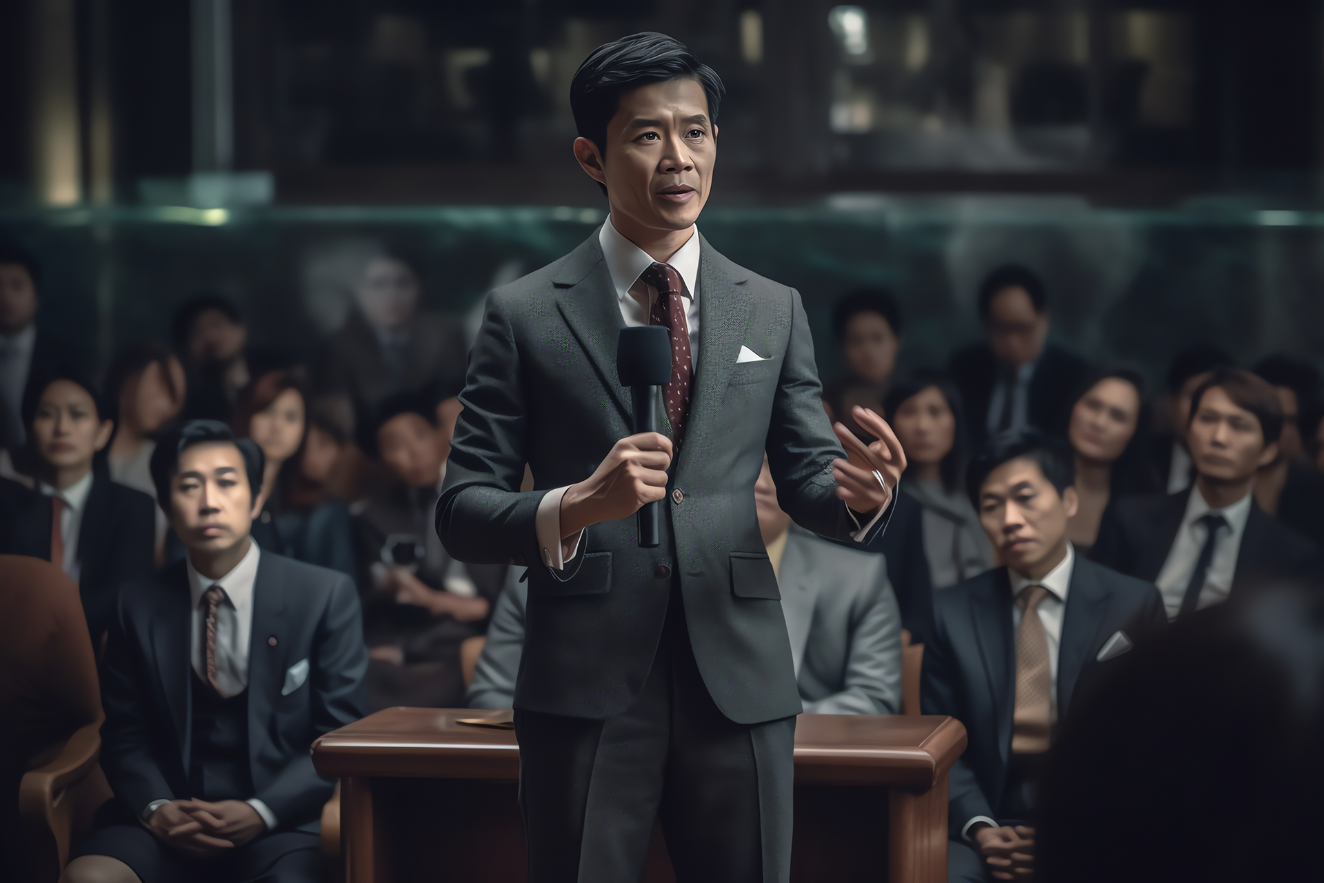man-stands-front-crowd-speaks-into-microphone